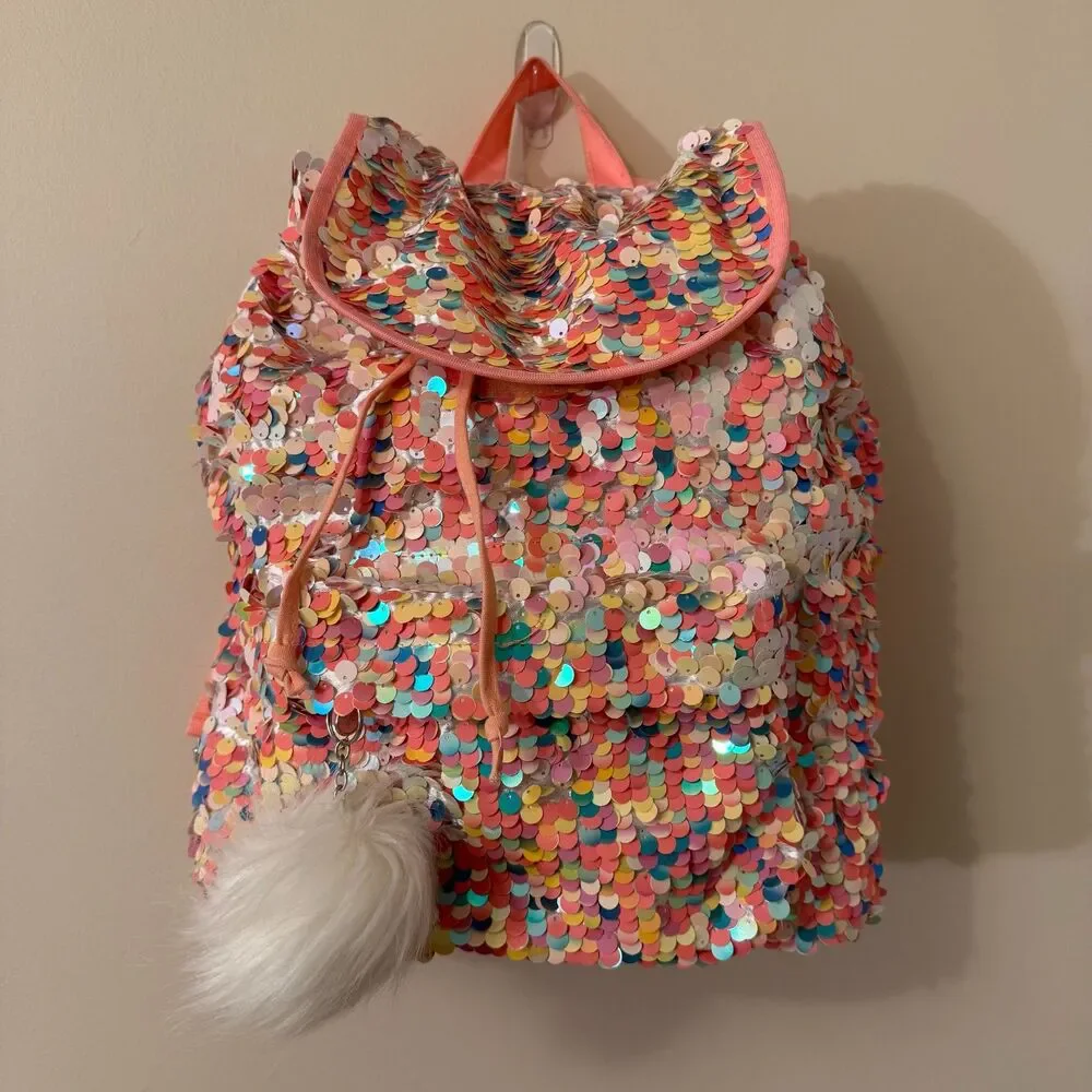 Justice Girls Flip Sequin Drawstring Birthday Cake Pink Backpack